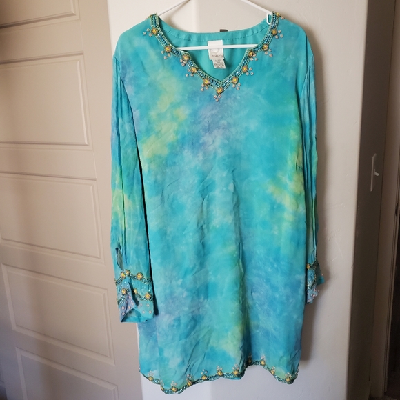 Roaman's Blue Tie Dye Beaded Chiffon Dress - Picture 3 of 14